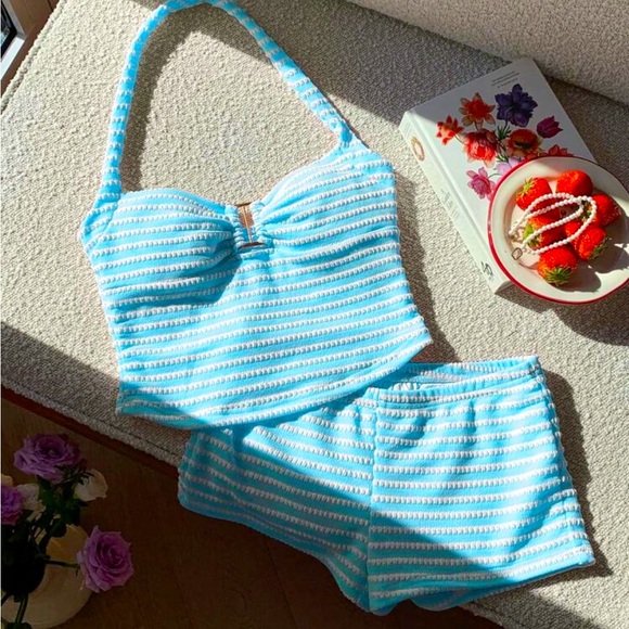 Tops - Blue and White Striped Halter Top and Shorts Set